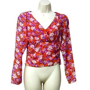 Lush Women’s Floral Printed Fitted Waist Cropped Blouse, Red, Sz. S